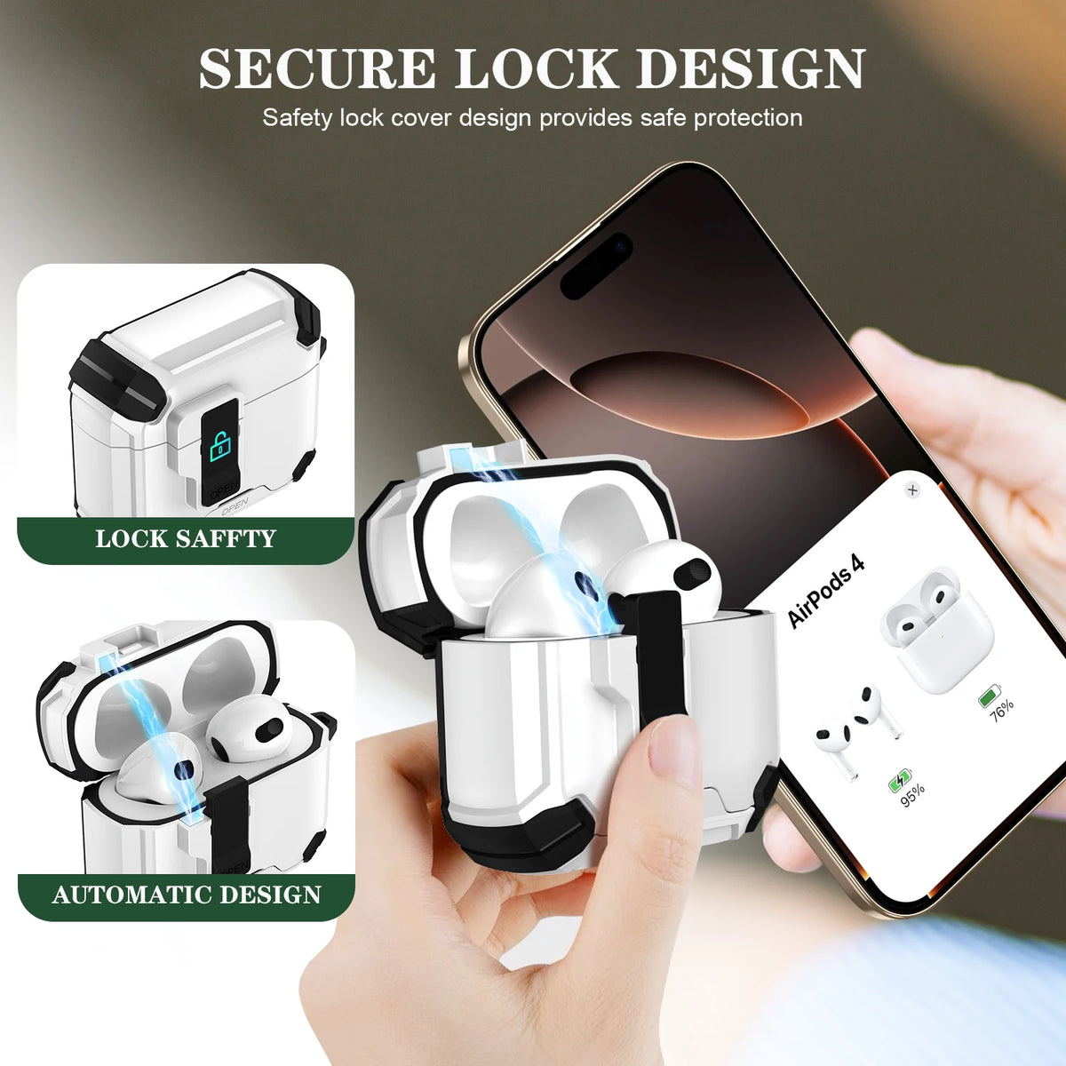 Portable Shockproof Case For AirPods 4 Pro 2 3 Case Cover with Lock T, Keychain, Magnetic Lid, Support Wireless Charging