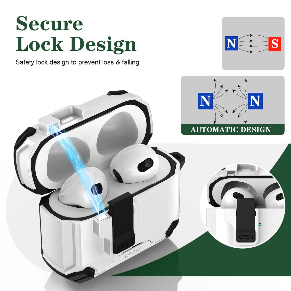 Portable Shockproof Case For AirPods 4 Pro 2 3 Case Cover with Lock T, Keychain, Magnetic Lid, Support Wireless Charging